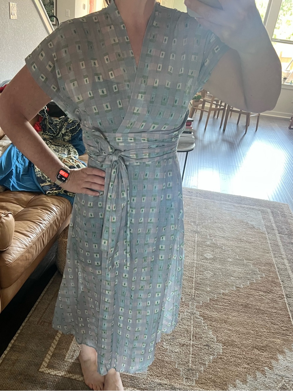 Blue Patterned Wrap Midi Dress with Tie Waist